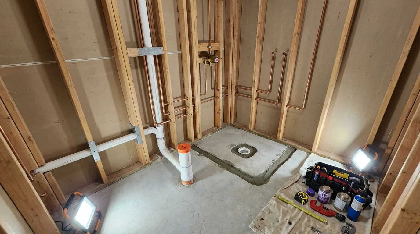 Bathroom rough-in plumbing during remodel by Johns Plumbing LLC in Hopkinton