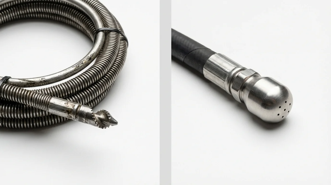 Drain snake cable and hydro jetting nozzle used for drain cleaning in Hopkinton, RI