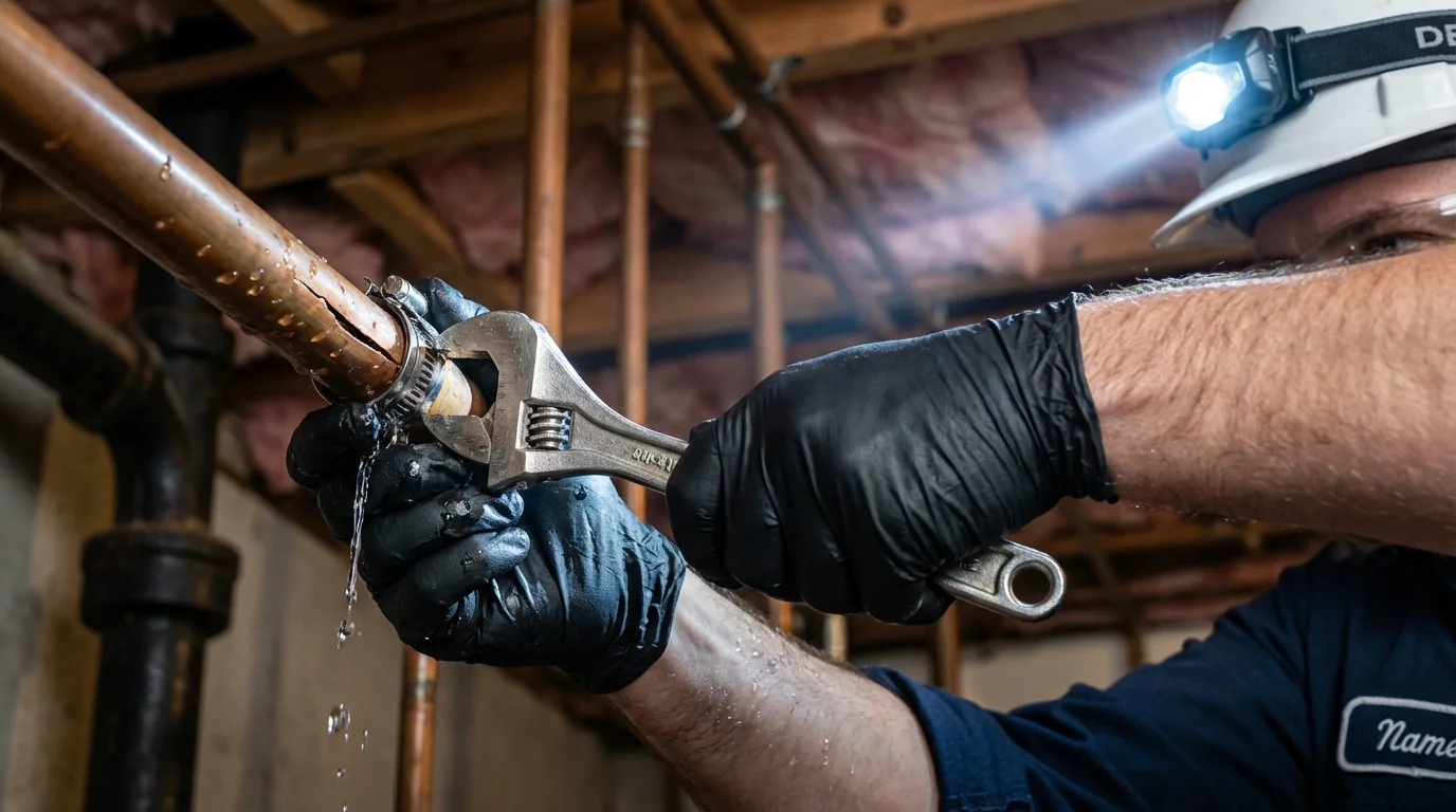 Emergency pipe clamp repair being performed by a Johns Plumbing LLC plumber in Hopkinton