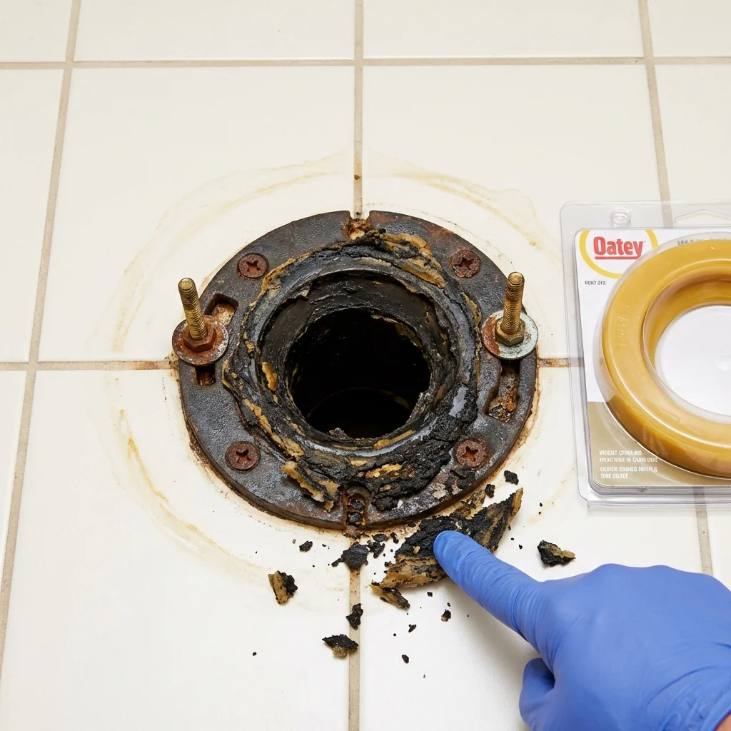 Failed wax ring showing water seepage at the base of a toilet in a Hopkinton, RI home