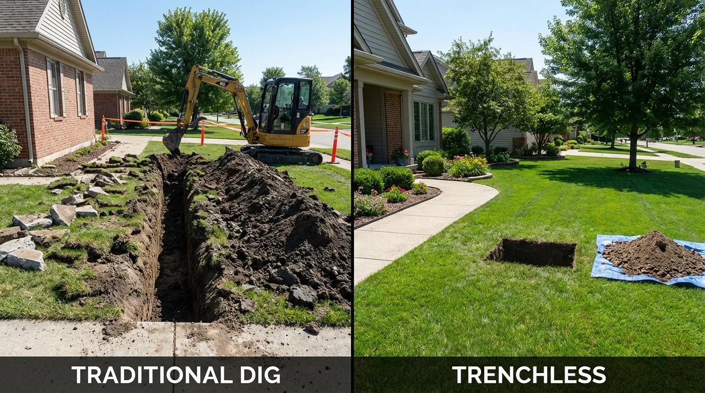 Trenchless sewer repair with minimal yard damage versus traditional excavation in Hopkinton, RI
