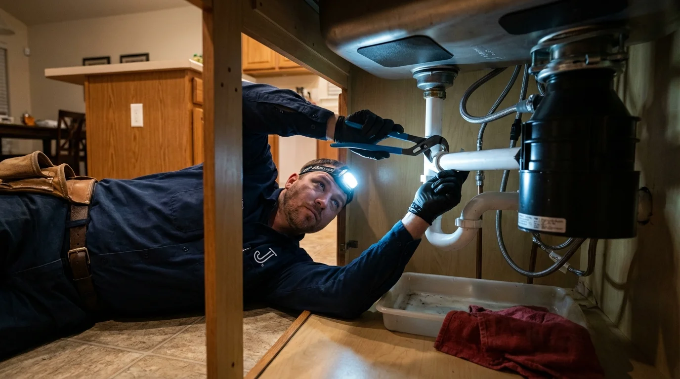 P-trap and supply line connections under a kitchen sink showing a common leak point in Hopkinton, RI